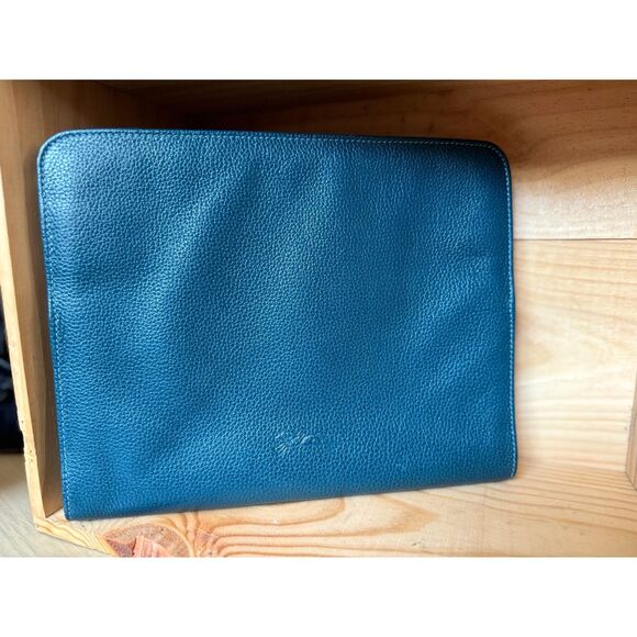 Longchamp Teal Leather Gold Zipper Tablet Portfolio Case 8"x10"x1"Made in France - Picture 1 of 8